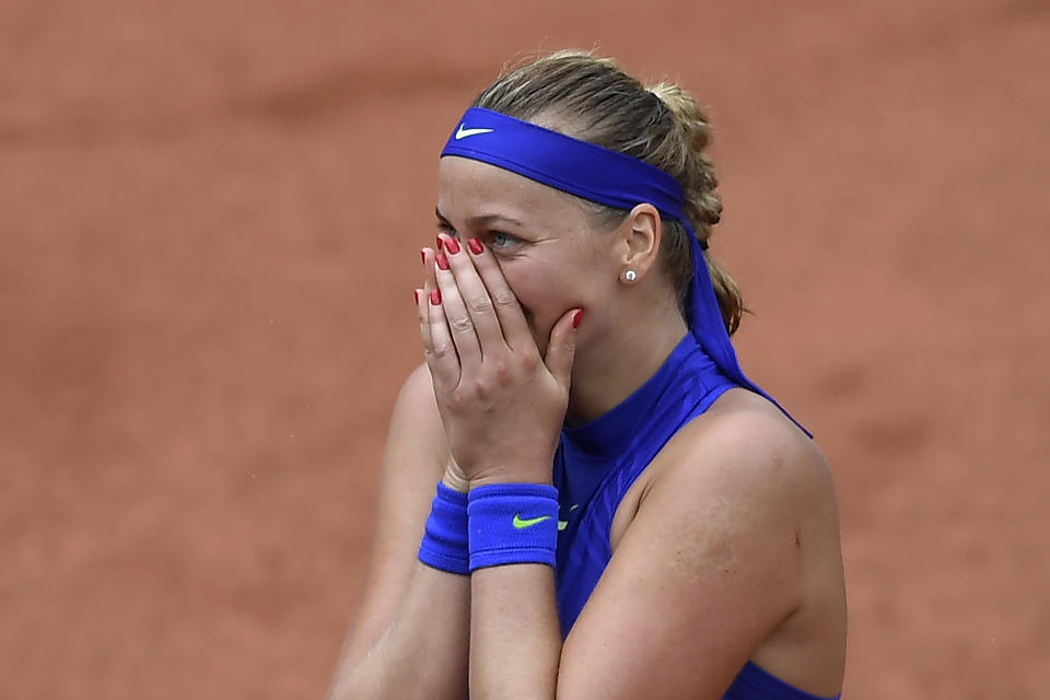 Czech Republic’s Petra Kvitova reacts after winning her qualification round match against US Julia Boserup at the Roland Garros 2017 French Tennis Open on May 28, 2017 in Paris. (AFP Photo/Lionel BONAVENTURE)