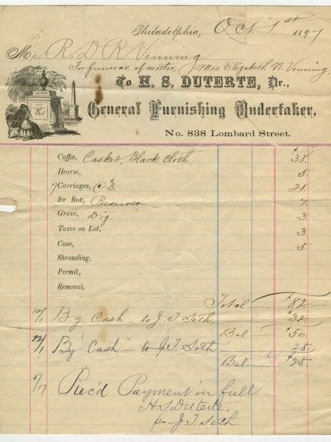 An 1897 receipt for the Philadelphia funeral business of Henrietta Duterte, the first documented female undertaker in America.