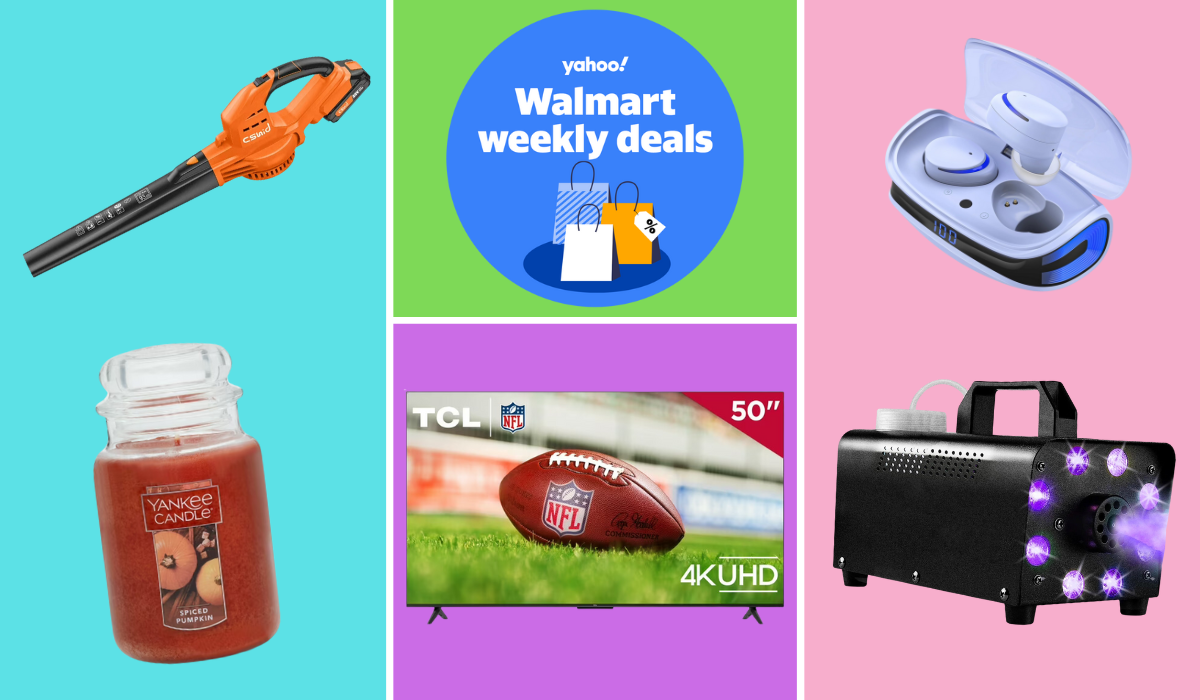 earbuds in case, Yankee Candle Spiced Pumpkin scent, TCL TV, leaf blower, fog machine with purple smoke beside badge reading Yahoo! Walmart weekend deals