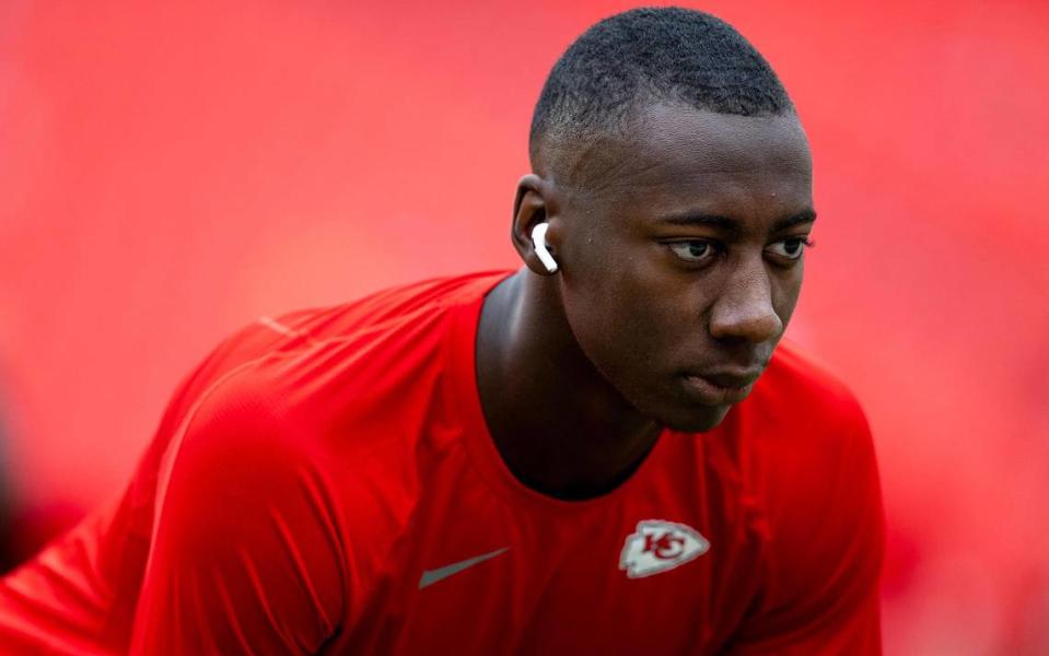 Chiefs cornerback Joshua Williams warms up before a preseason game against the Cleveland Browns at GEHA Field at Arrowhead Stadium.