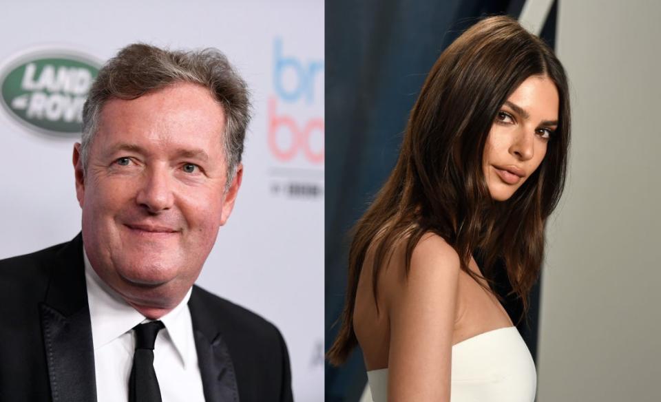 Piers Morgan has hit out at pregnant naked celebrities following images of Emily Ratajowski's nude bump images. Morgan pictured in 2019, Ratajowski pictured in February 2020. (Getty Images)