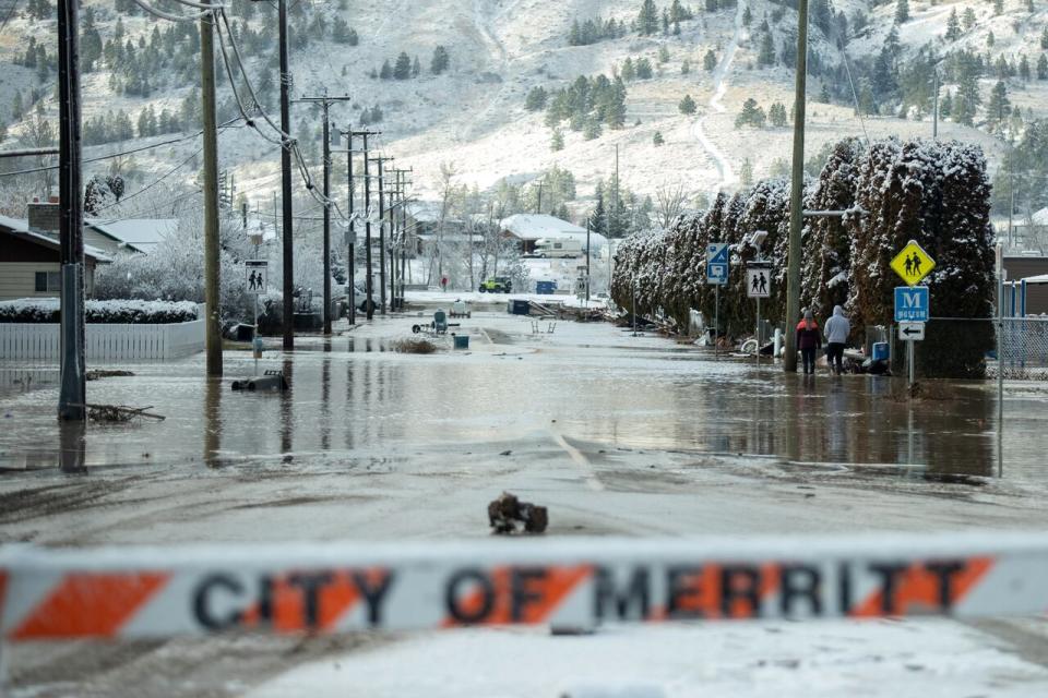 Flood waters cover a neighbourhood on Nov. 16, 2021, after severe rain prompted the evacuation of Merritt, B.C., a city of 7,000 east of Vancouver. 