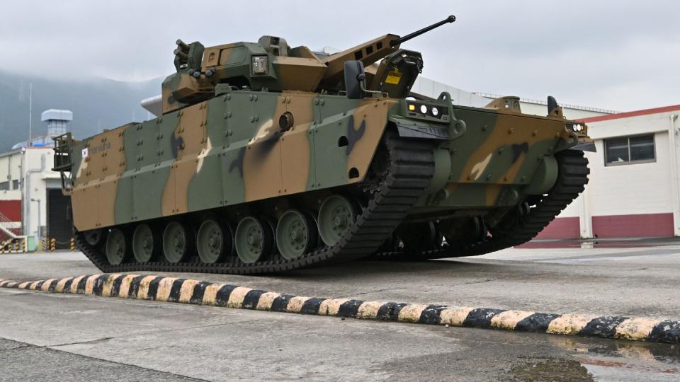 A Hanwha-made Redback infantry fighting vehicle is seen at a testing ground in Changwon, South Korea, on Sept. 15, 2023. (Jung Yeon-je/AFP via Getty Images)