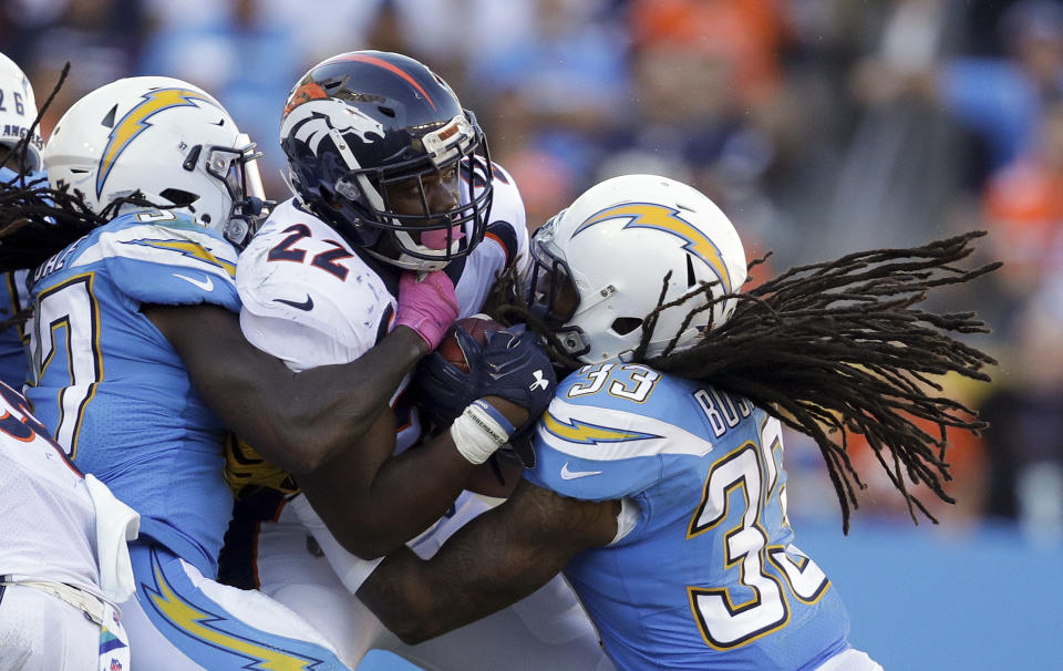 Denver Broncos running back C.J. Anderson is stuffed during the team's first shutout since 1992. (AP)