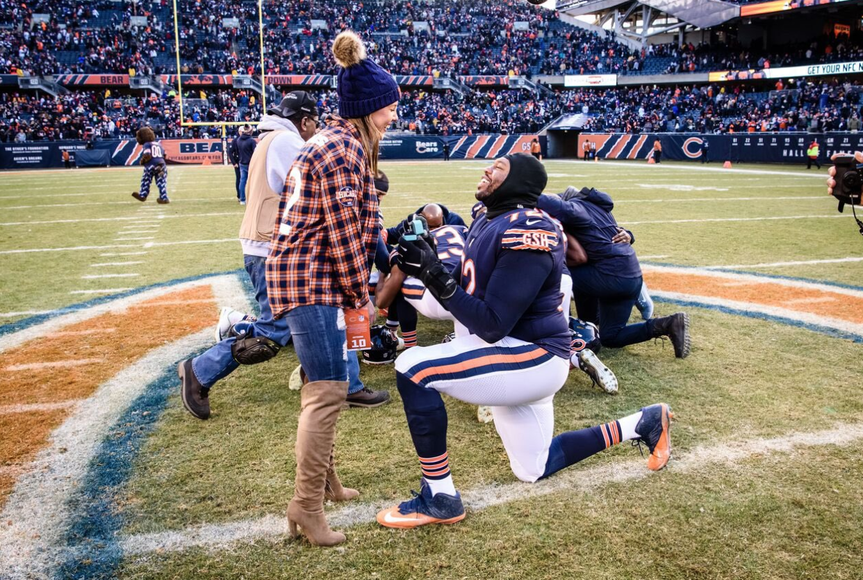 After Chicago Bears player Charles Leno Jr. proposed to his girlfriend, Jennifer Roth, Twitter users found older tweets of hers containing the N-word. (Photo: charleslenojr72 via Twitter)