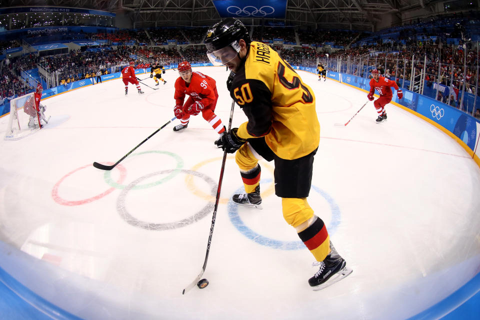 <p>Patrick Hager #50 of Germany controls the puck in the second period against Alexander Barabanov #94 of Olympic Athletes from Russia during the Men’s Gold Medal Game on day sixteen of the PyeongChang 2018 Winter Olympic Games at Gangneung Hockey Centre on February 25, 2018 in Gangneung, South Korea. (Photo by Jamie Squire/Getty Images) </p>