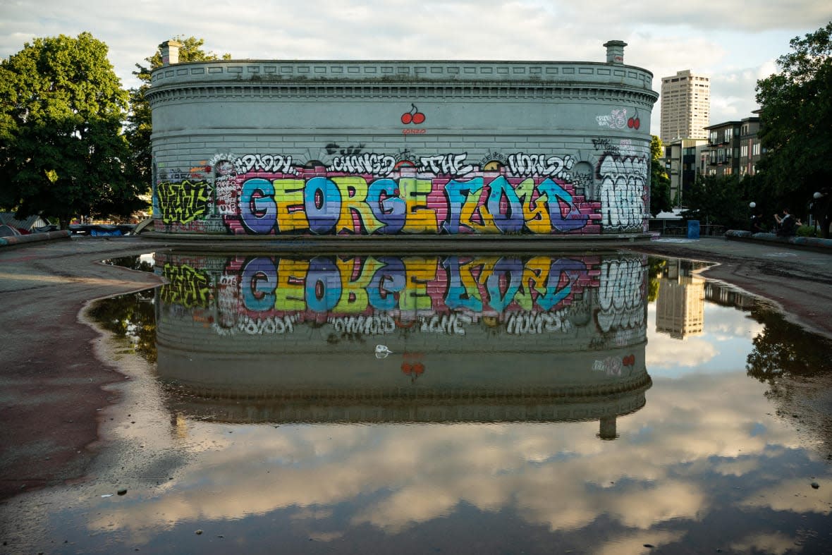 SEATTLE, WA – JUNE 24: Graffiti bearing the name of George Floyd is seen in Cal Anderson Park in the area known as the Capitol Hill Organized Protest (CHOP) on June 24, 2020 in Seattle, Washington. On Monday, Seattle Mayor Jenny Durkan said that the city would phase down the CHOP zone and that the Seattle Police Department would return to its vacated East Precinct. (Photo by David Ryder/Getty Images)