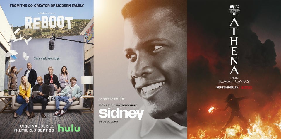 This combination of photos shows promotional art for "Reboot," a series premiering Sept. 20 on Hulu, from left, "Sidney" a documentary about Sidney Poitier premiering Sept. 23, and "Athena," a film premiering Sept. 23 on Netflix. (Hulu/Apple/Netflix via AP)