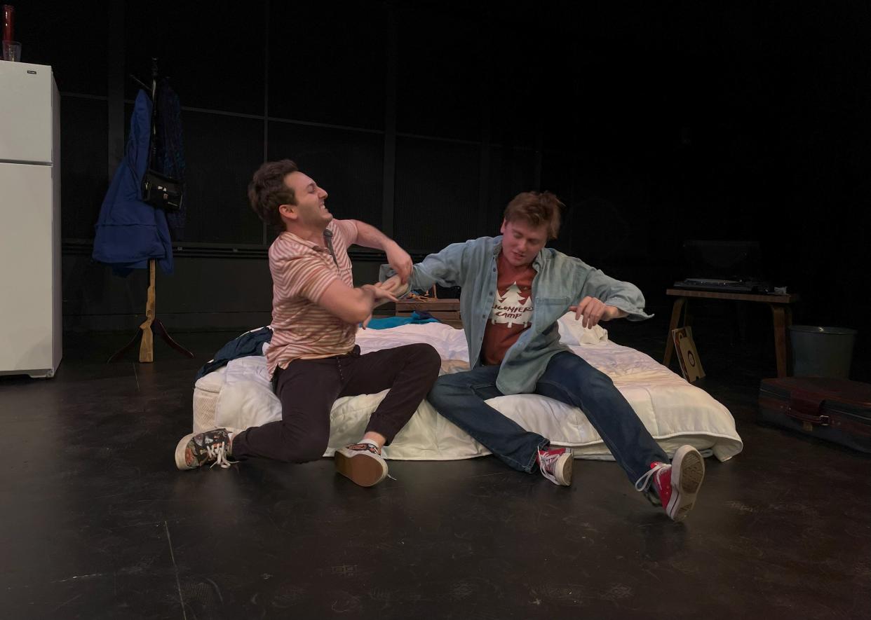 Gabe Ozaki, left, and Tommy O'Brien rehearse a scene for the University of Notre Dame's department of film, television and theater's production of "This Is Our Youth" that runs April 28 to 30, 2023, at the DeBartolo Performing Arts Center.