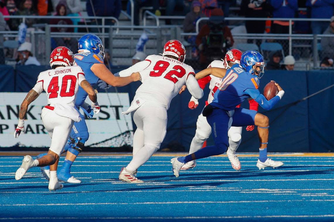 Boise State quarterback Taylen Green (10) runs the ball during the first half of an NCAA college football game against Fresno State for the Mountain West championship, Saturday, Dec. 3, 2022, in Boise, Idaho. (AP Photo/Otto Kitsinger)