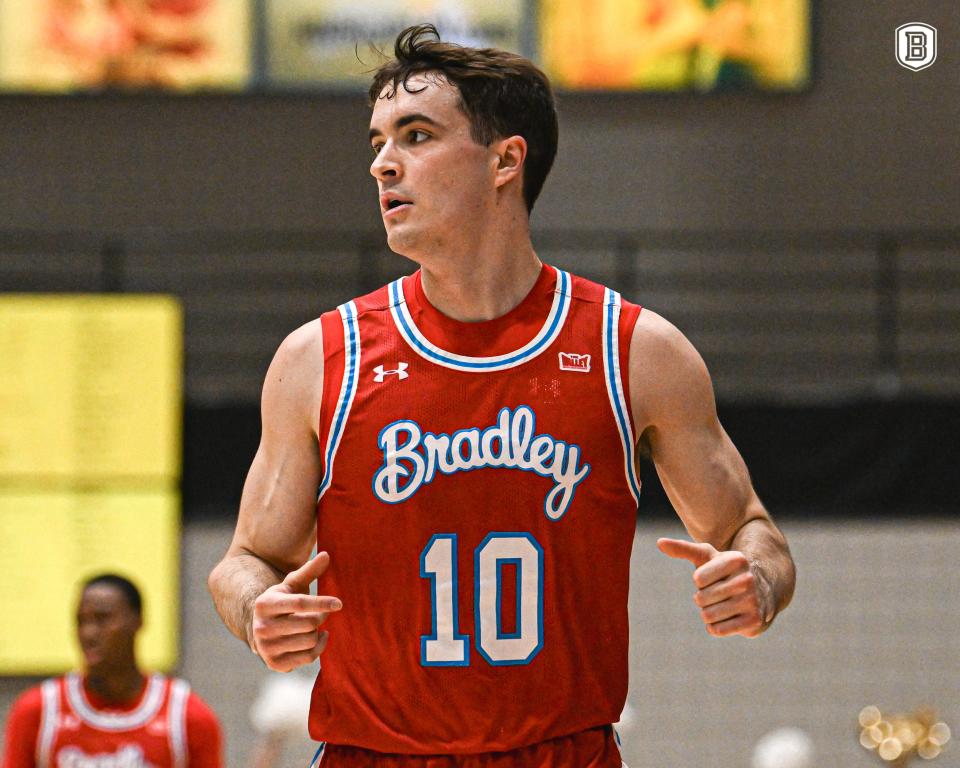 Bradley's Connor Hickman runs down court against Valparaiso in a Missouri Valley Conference men's basketball game on Wednesday, Jan. 3, 2024, in Valparaiso, Indiana.