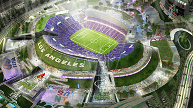 In this artist rendering provided by Meis Architects, a proposed NFL stadium in the City of Industry, east of Los Angeles is depicted