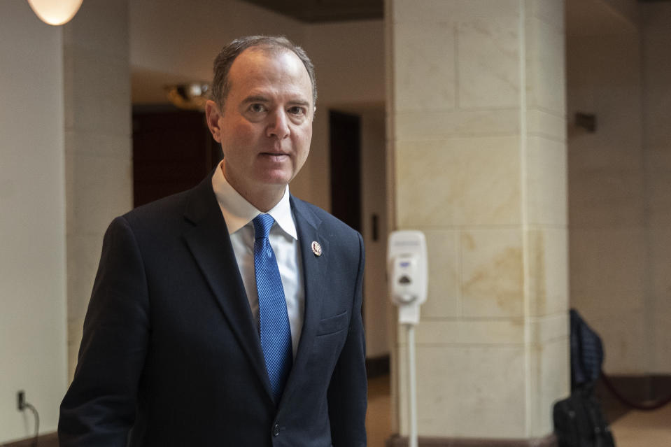 Rep. Adam Schiff, D-Calif., chairman of the House Intelligence Committee, arrives for a scheduled deposition of President Donald Trump's top aide on Russia and Europe Fiona Hill, on Capitol Hill in Washington, Monday, Oct. 14, 2019. (AP Photo/Manuel Balce Ceneta)