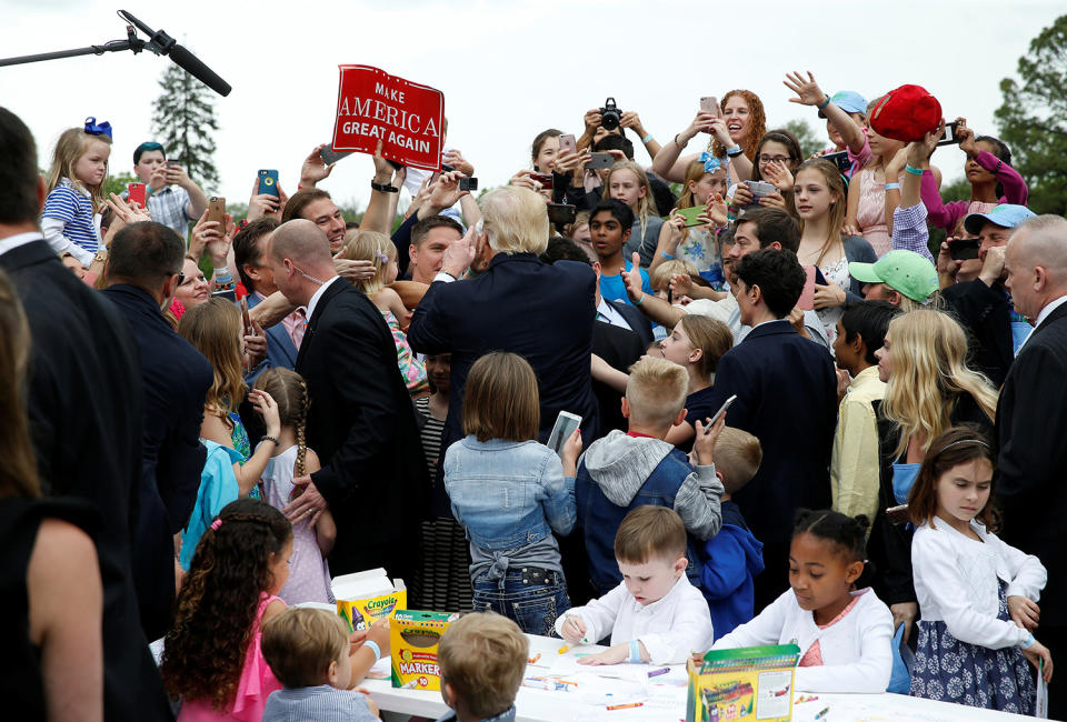 President Trump greets people at White House Easter Egg Roll