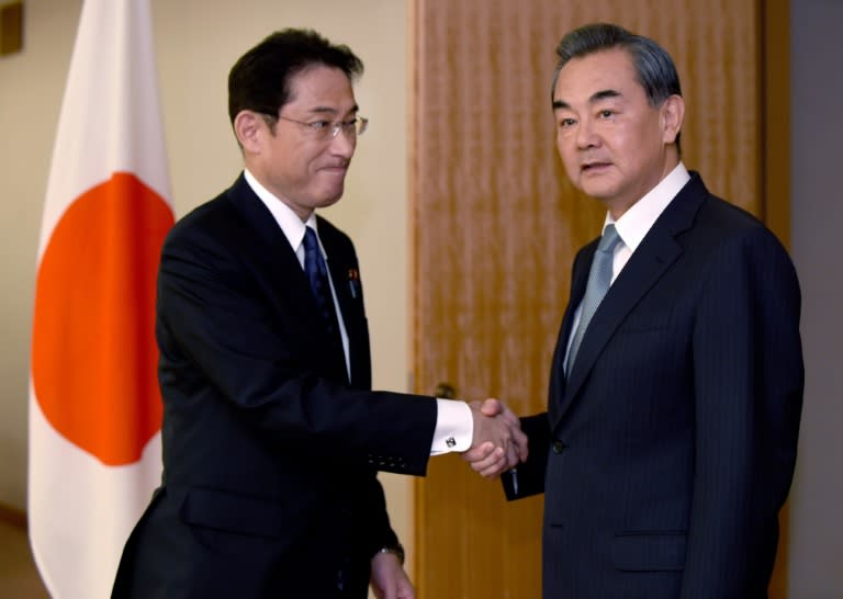 Japanese Foreign Minister Fumio Kishida (L) last week told his Chinese counterpart Wang Yi during talks in Tokyo that Beijing must stop violating Japanese territory in the East China Sea around the disputed islands