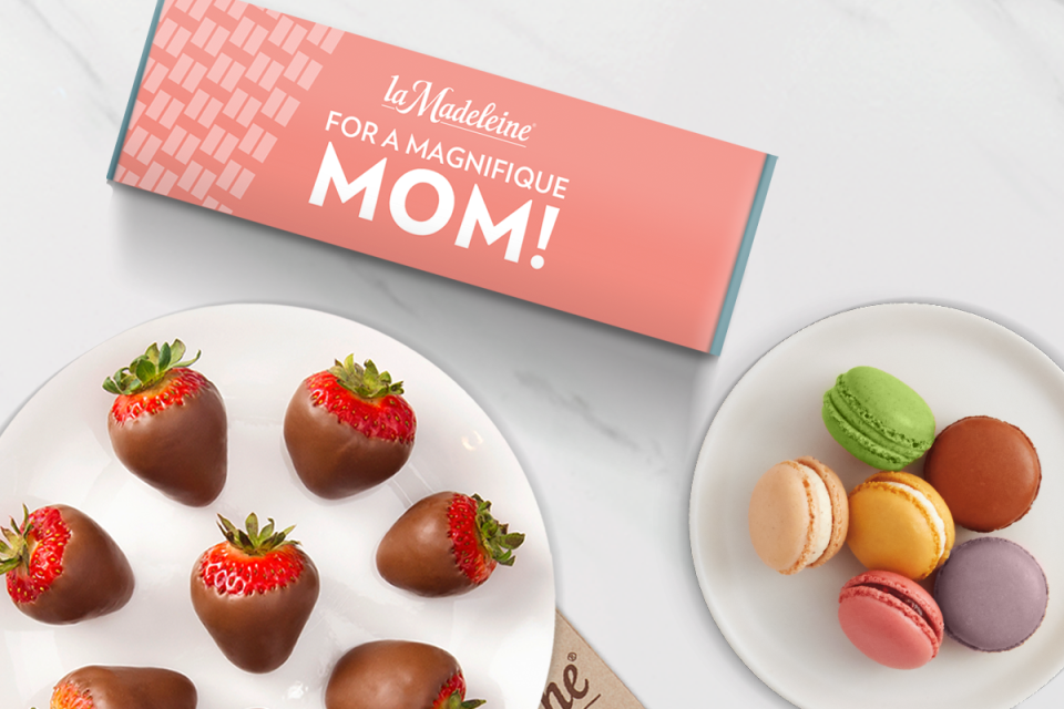 Chocolate-covered strawberries and macarons for Mother's Day at la Madeleine.