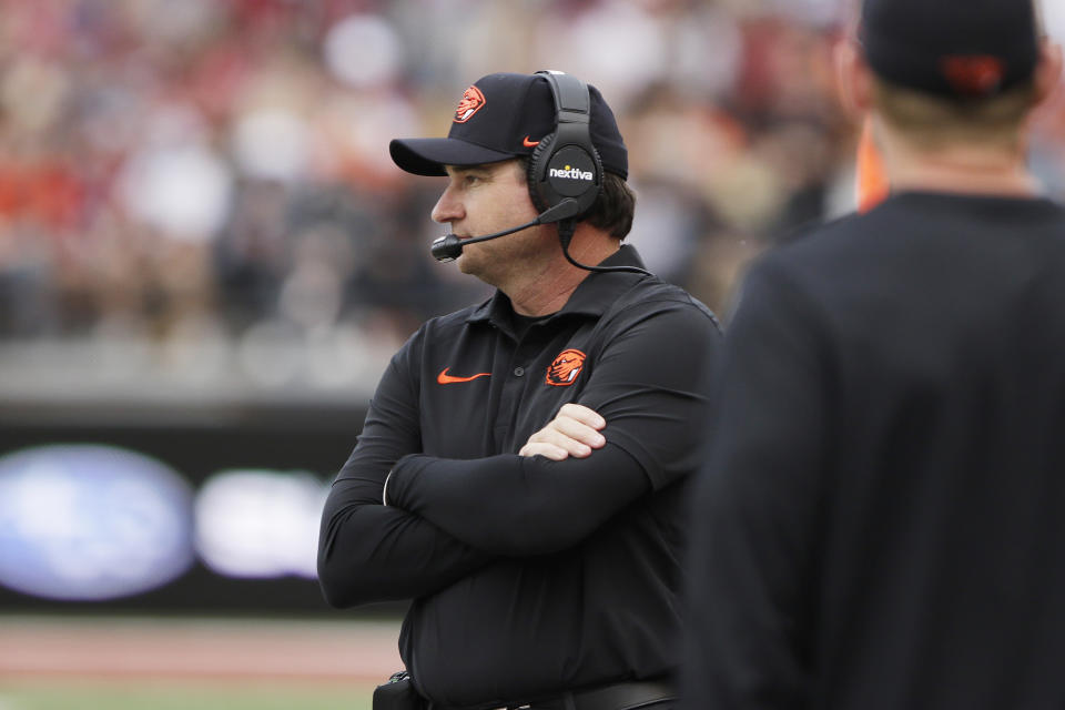Oregon State head coach Jonathan Smith stands on the sideline during the first half of an NCAA college football game against Washington State, Saturday, Sept. 23, 2023, in Pullman, Wash. (AP Photo/Young Kwak)