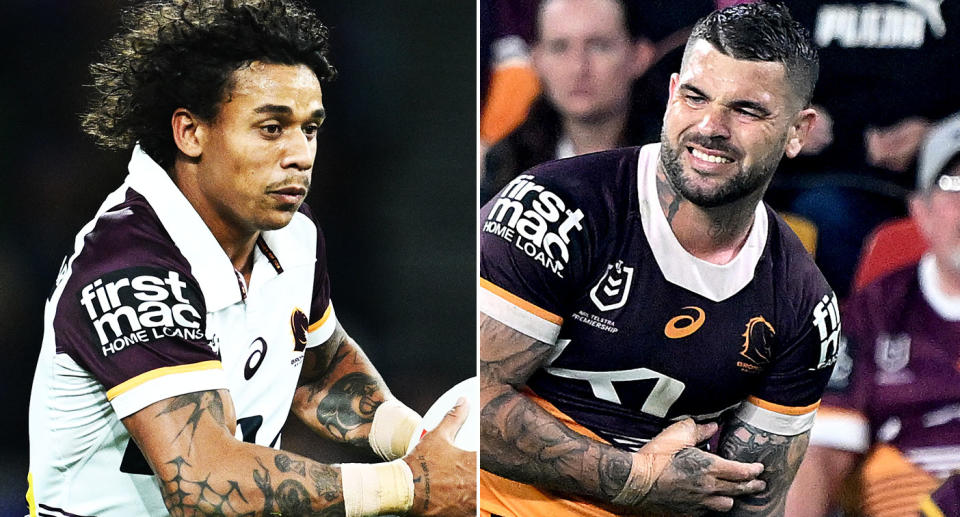 Pictured left to right, Broncos NRL stars Tristan Sailor and Adam Reynolds. 