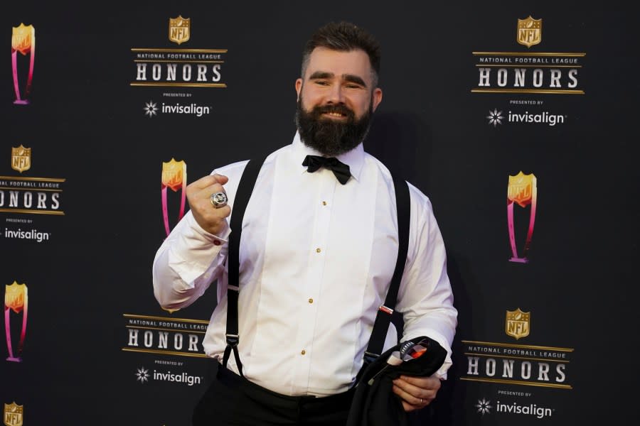 In this file photo, Jason Kelce arrives for the NFL Honors show on Thursday, Feb. 10, 2022, in Inglewood, California. (AP Photo/Marcio Jose Sanchez)