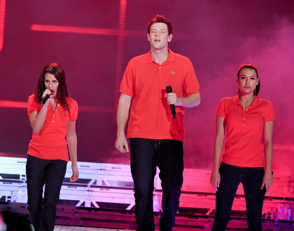 TORONTO, ON - JUNE 11: (L-R) Lea Michele, Cory Monteith and Naya Rivera of the TV show 'Glee' perform at Air Canada Centre on June 11, 2011 in Toronto, Canada. (Photo by George Pimentel/Getty Images)