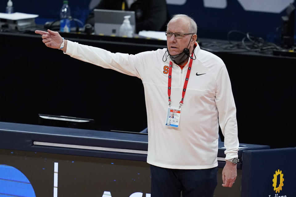 Syracuse head coach Jim Boeheim argues a call during the first half of a second-round game against West Virginia in the NCAA men's college basketball tournament at Bankers Life Fieldhouse, Sunday, March 21, 2021, in Indianapolis. (AP Photo/Darron Cummings)