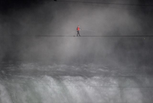 Nik Wallenda crosses Niagara Falls on a tightrope in 2012.