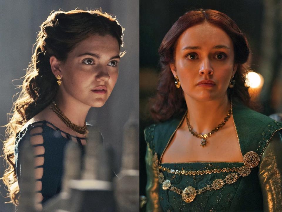 Two images of Alicent Hightower in "House of the Dragon" at two different ages — one at 14 (played by Emily Carey) and one at about 24 (played by Olivia Cooke).