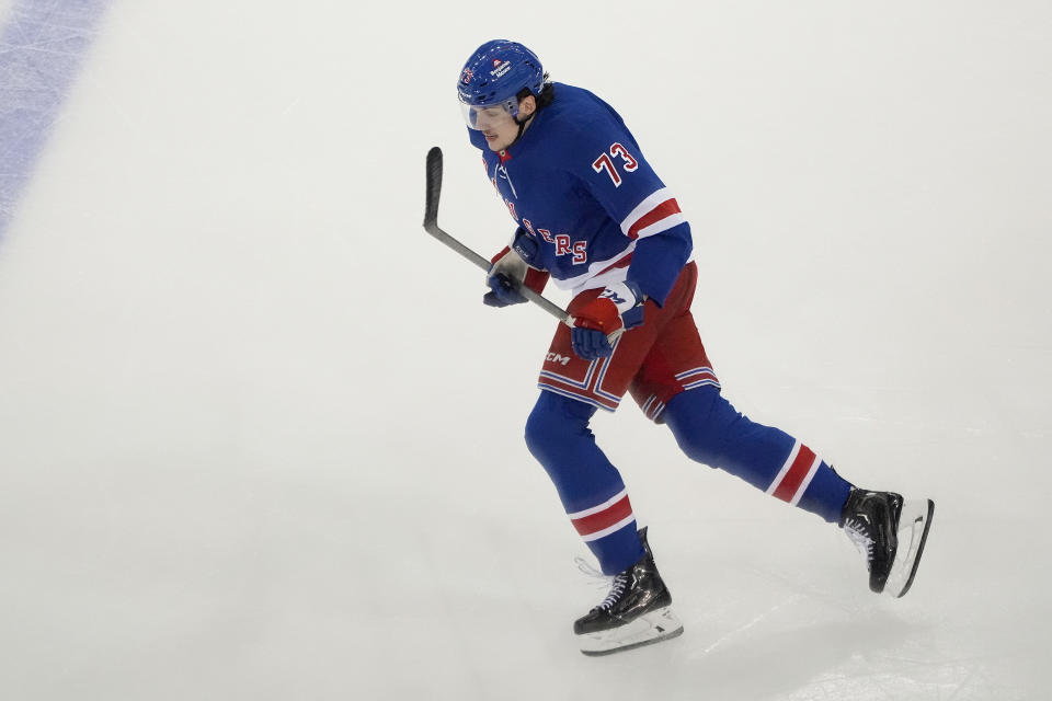 New York Rangers center Matt Rempe (73) skates up the ice against the Florida Panthers during the second period of Game 2 during the Eastern Conference finals of the NHL hockey Stanley Cup playoffs, Friday, May 24, 2024, in New York. (AP Photo/Julia Nikhinson)