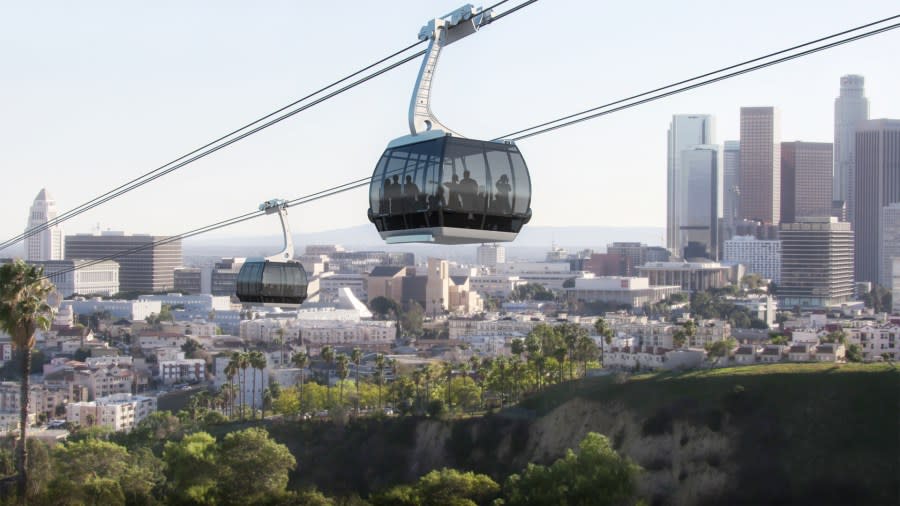 A rendering of the Chavez Ravine gondola flyover is seen in an image provided by Aerial Rapid Transit Technologies LLC.