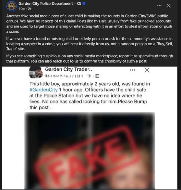 The Garden City Police Department warns about a fake post making the rounds on social media on May 13, 2024. (Photo courtesy Garden City Police Department)