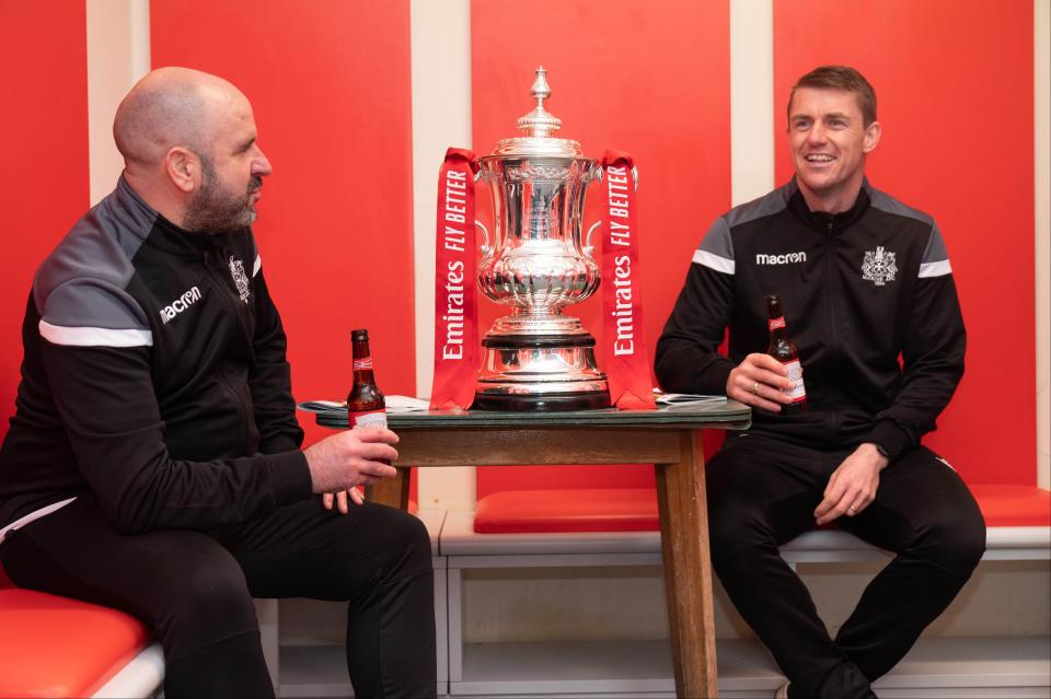 Marine manager Neil Young and player Niall Cummins ahead of the game.PA