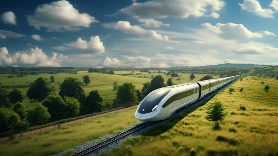 A driverless train traversing vast countryside, illustrating the companies long-distance rail transport services.