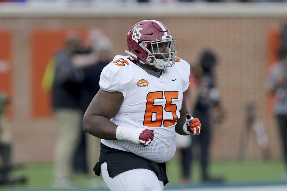 Alabama OG Deonte Brown is a massive drive blocker whose weight needs to get under control. (AP Photo/Rusty Costanza)