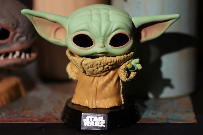 A Baby Yoda toy is pictured during a "Star Wars" advance product showcase in the Manhattan borough of New York City