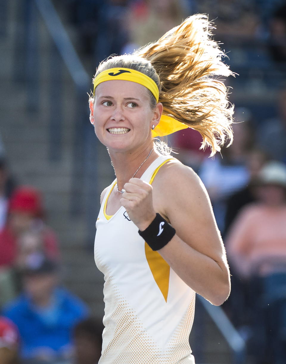 Marie Bouzkova, of the Czech Republic, reacts during a match against Serena Williams, of the United States, during the Rogers Cup women’s tennis tournament semifinals Saturday, Aug. 10, 2019, in Toronto. (Nathan Denette/The Canadian Press via AP)