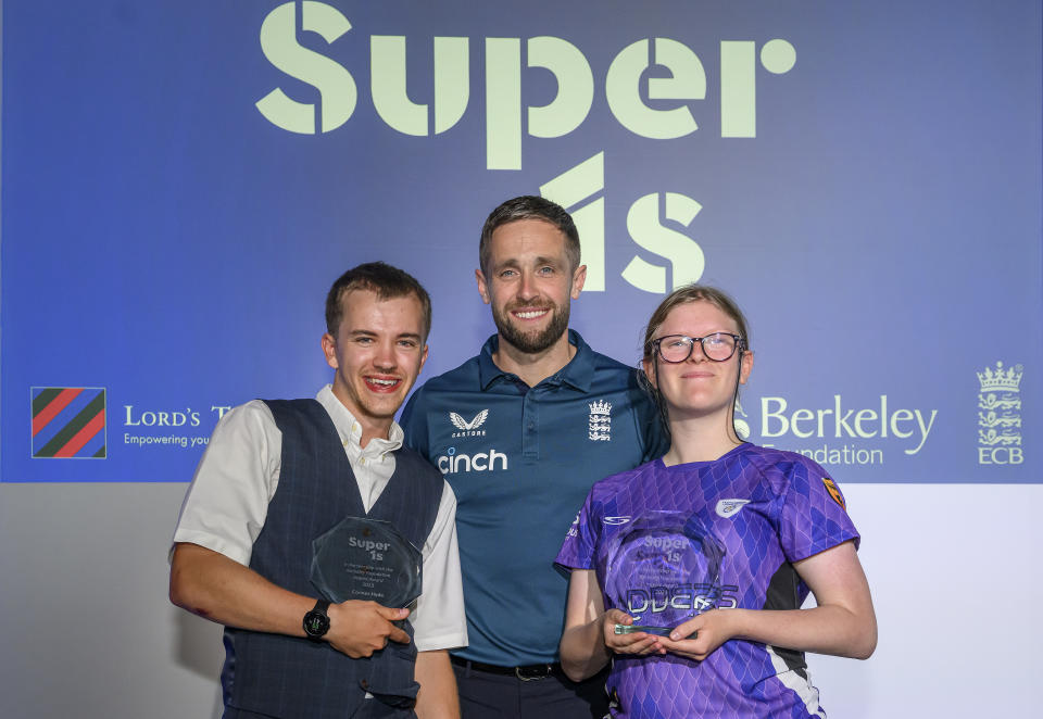 Chris Woakes presented two Inspire Awards to Connor Hyde and Sophie Leonard