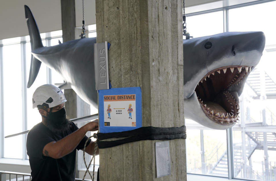 A fiberglass replica of Bruce, the shark featured in Steven Spielberg's classic 1975 film "Jaws," looms over worker Will Wilson of LA Pro Point after it was raised into a suspended position for display at the new Academy of Museum of Motion Pictures, Friday, Nov. 20, 2020, in Los Angeles. The museum celebrating the art and science of movies is scheduled to open on April 30, 2021. (AP Photo/Chris Pizzello)