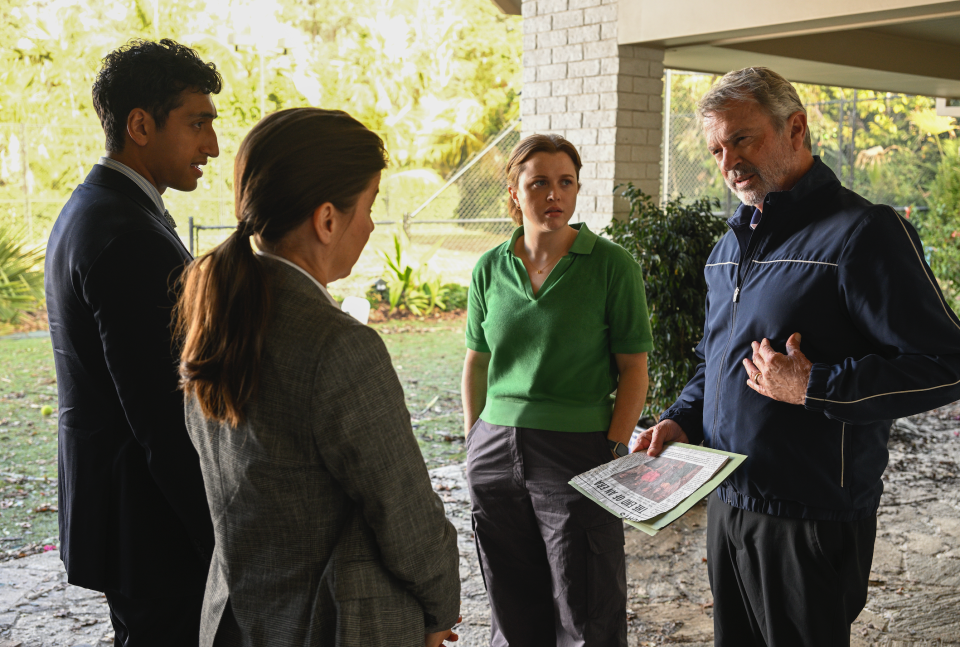 From left: Dylan Thuraisingham as Detective Ethan Remy, Jeanine Serralles as Detective Elena Camacho, Essie Randles as Brooke Delaney, and Sam Neill as Stan Delaney