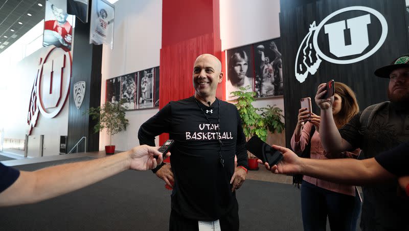 Utah’s head coach Craig Smith talks with members of the media as the University of Utah Men’s Basketball team opens camp with practice in the Jon M. and Karen Huntsman Basketball Facility in Salt Lake City on Monday, Sept. 26, 2022.