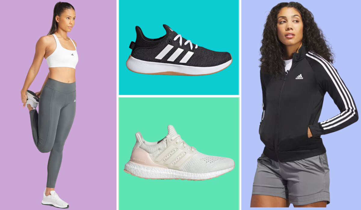 Adidas Memorial Day sale: woman wearing leggings, sneakers, woman wearing jacket