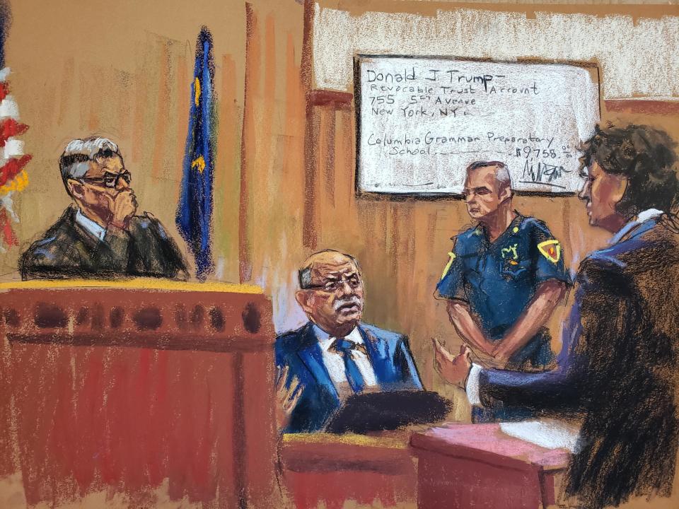 Former Trump Organization chief financial officer Allen Weisselberg testifies at the company's trial on fraud charges in New York. / Credit: Jane Rosenberg