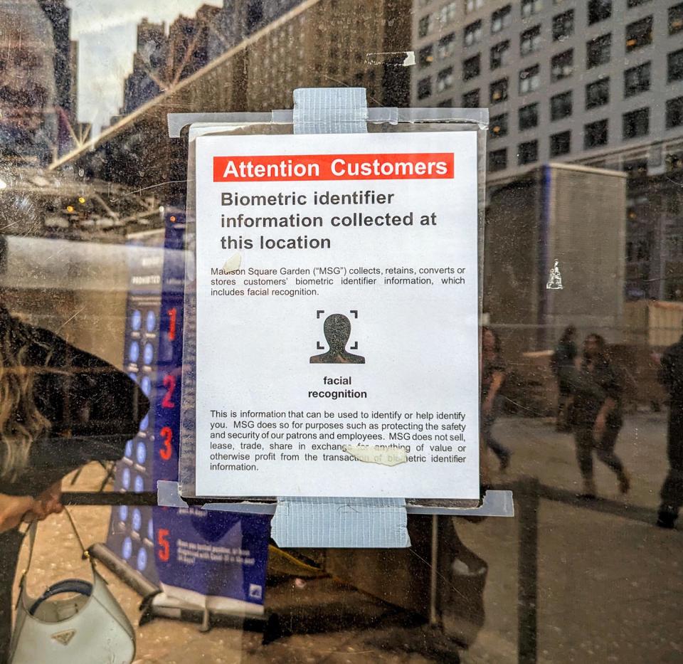 A sign outside New York’s Madison Square Garden alerting fans that biometric technology is in use.