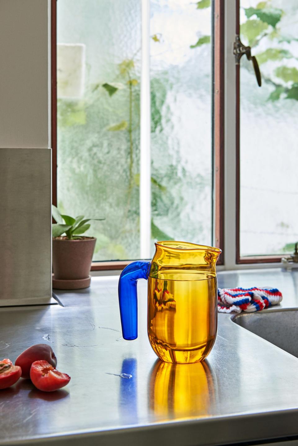 A two-tone glass pitcher adds a playful touch.