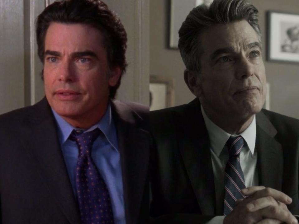 On the left: Peter Gallagher as Sandy Cohen on season four of "The O.C." On the right Gallagher as Benedict Ryan on season two of "The Gifted."