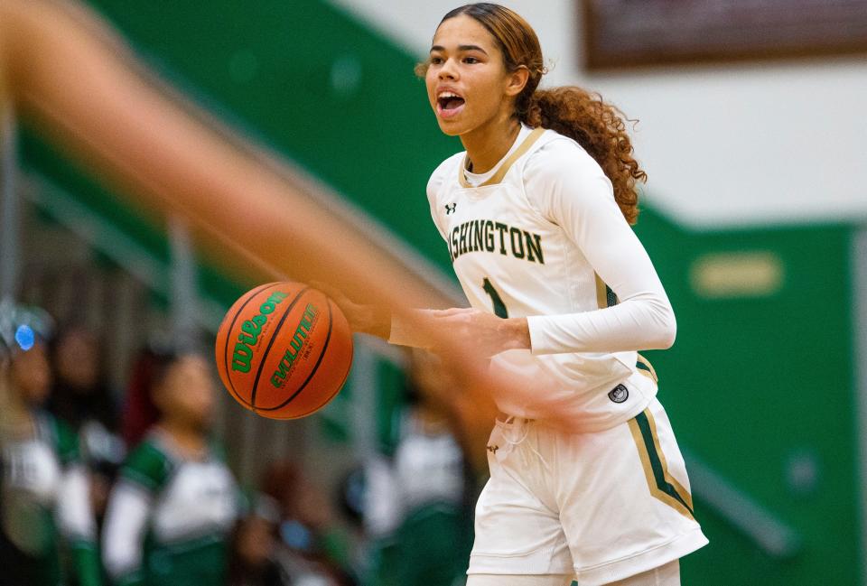 Washington's Amiyah Reynolds (1) during the Washington vs. Penn girls basketball game Friday, Nov. 19, 2021 at Washington High School. 