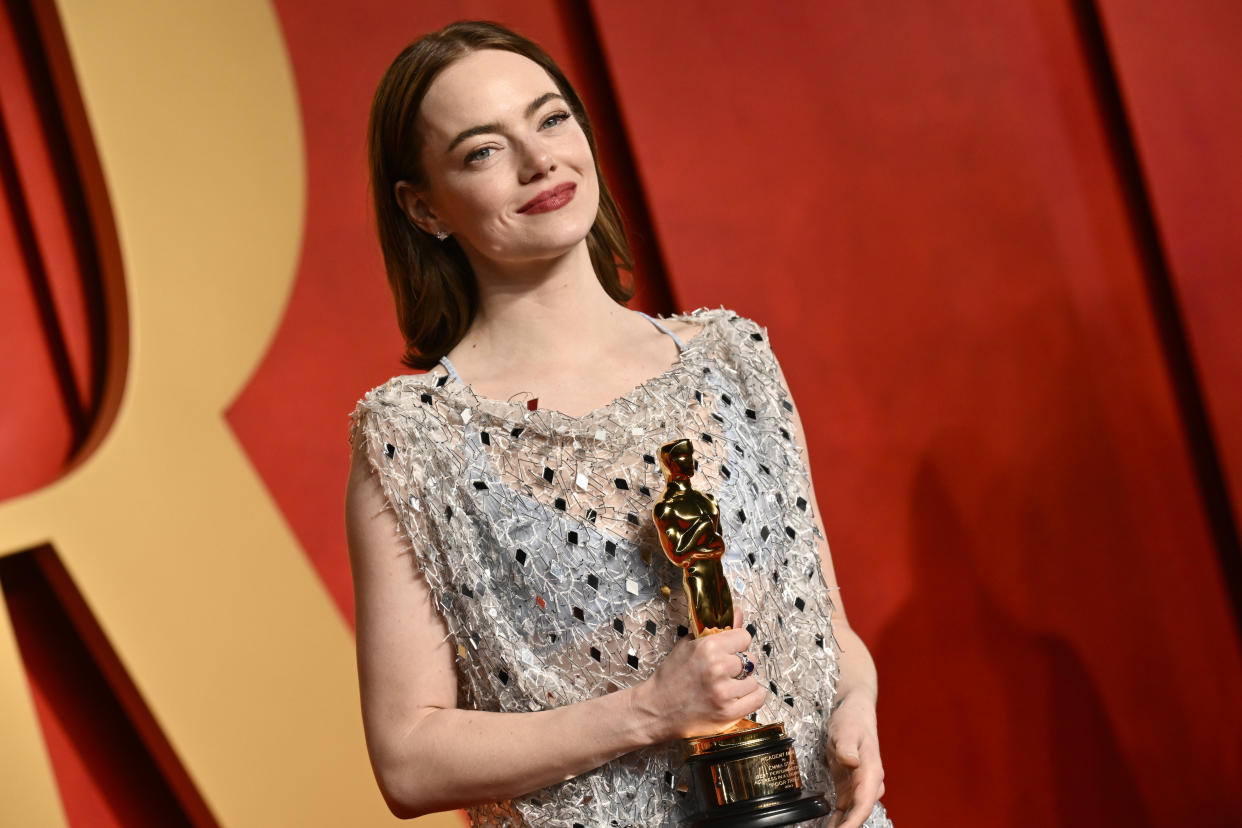 Emma Stone arrives at the Vanity Fair Oscar Party on Sunday, March 10, 2024, at the Wallis Annenberg Center for the Performing Arts in Beverly Hills, Calif. (Photo by Evan Agostini/Invision/AP)