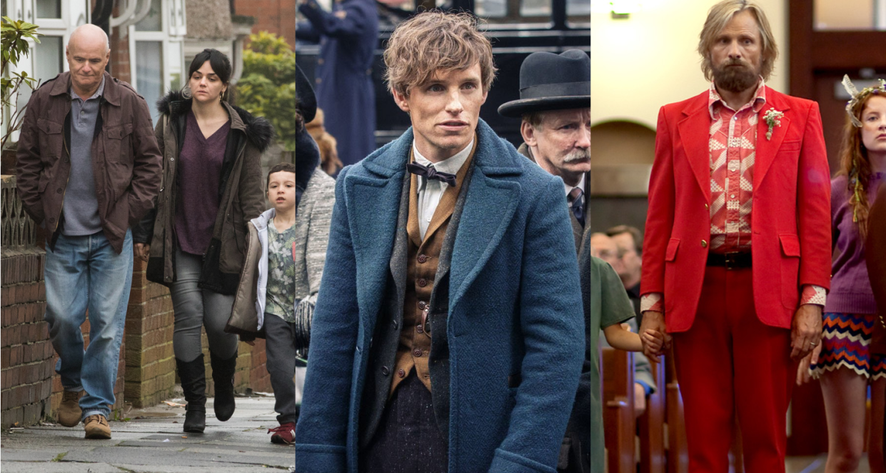 Dave Jones and Hayley Squires in 'I, Daniel Blake', Eddie Redmayne in 'Fantastic Beasts and Where To Find Them' and Viggo Mortensen in 'Captain Fantastic'. (Credit: Film4, Warner Bros, Bleecker Street)