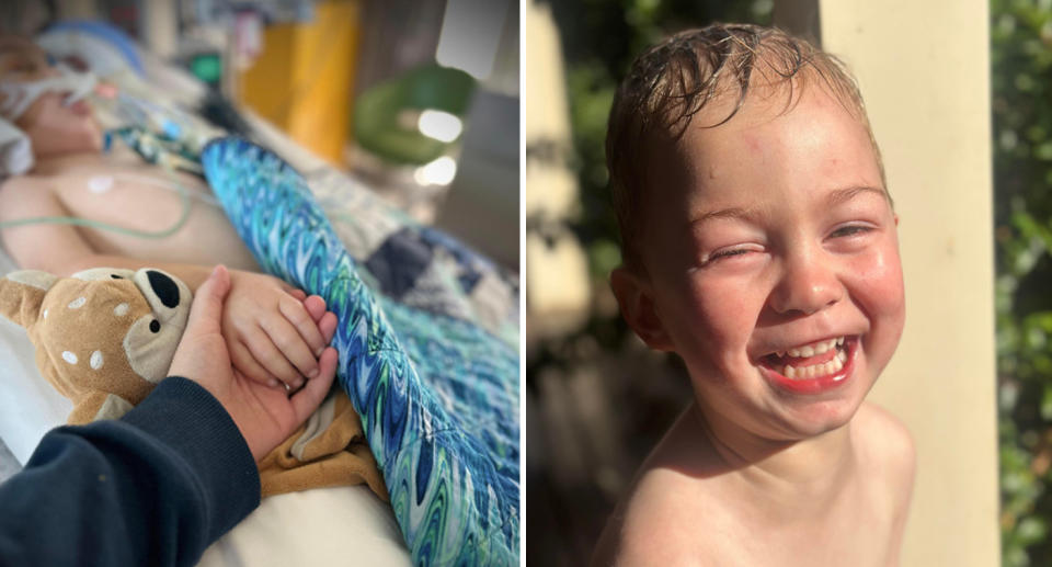 Left, Noah in hospital connected to tubes while a family member holds his hand after the freak fall. Right, Noah can be seen laughing with wet hair, looking as though he has just come from playing in the pool.