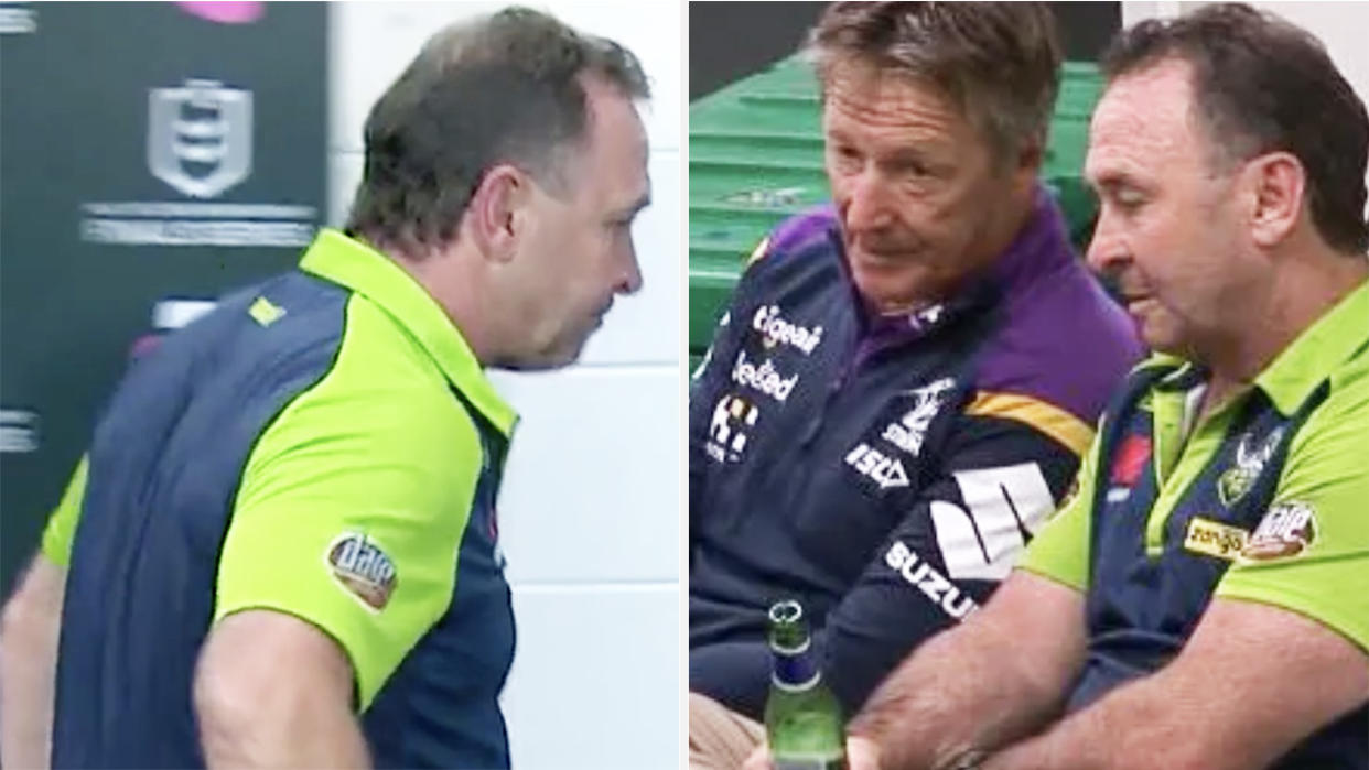 A 50-50 split image shows Ricky Stuart walking out of his post-match press conference on the left, and sharing a drink with Craig Bellamy on the right.