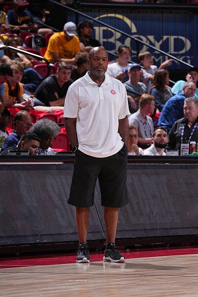 Nick Van Exel, head coach of the Atlanta Hawks, looks on during the game against the Miami Heat during the 2022 Las Vegas Summer League on July 12, 2022 at the Thomas & Mack Center in Las Vegas, Nevada.